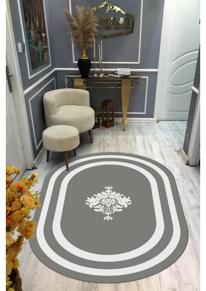 Kaymaz Taban Yıkanabilir Dijital Baskı Oval Kesim Dekoratif Modern Desenli Dot Taban Halı OVAL017