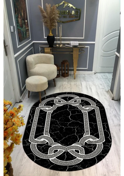 Kaymaz Taban Yıkanabilir Dijital Baskı Oval Kesim Dekoratif Modern Desenli Dot Taban Halı OVAL009