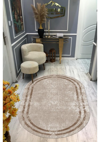 Kaymaz Taban Yıkanabilir Dijital Baskı Oval Kesim Dekoratif Modern Desenli Dot Taban Halı OVAL007