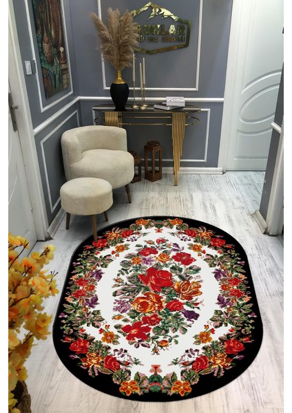 Kaymaz Taban Yıkanabilir Dijital Baskı Oval Kesim Dekoratif Modern Desenli Dot Taban Halı OVAL001