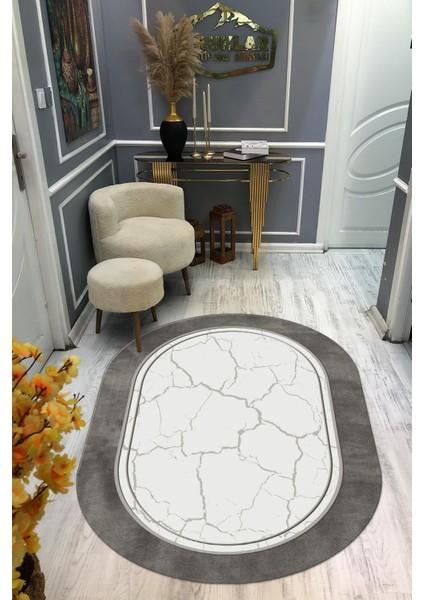 Kaymaz Taban Yıkanabilir Dijital Baskı Oval Kesim Dekoratif Modern Desenli Dot Taban Halı OVAL011
