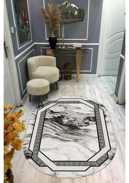 Kaymaz Taban Yıkanabilir Dijital Baskı Oval Kesim Dekoratif Modern Desenli Dot Taban Halı OVAL006