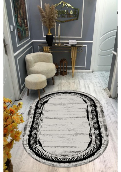 Kaymaz Taban Yıkanabilir Dijital Baskı Oval Kesim Dekoratif Modern Desenli Dot Taban Halı OVAL005