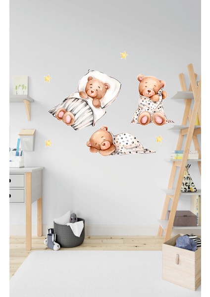 Bizerk Görsel Uyuyan Sevimli Ayıcık ve Yıldızlar Çocuk Odası Kreş Anaokulu Duvar Yapışkanı Sticker