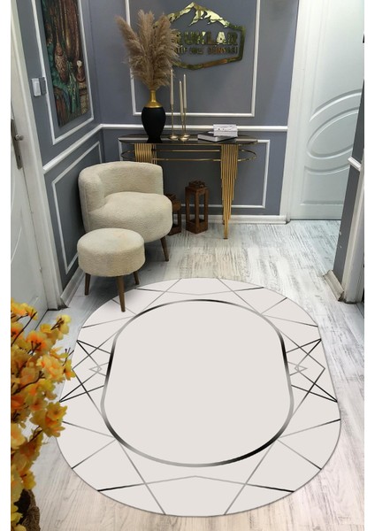 Kaymaz Taban Yıkanabilir Dijital Baskı Oval Kesim Dekoratif Modern Desenli Dot Taban Halı OVAL016