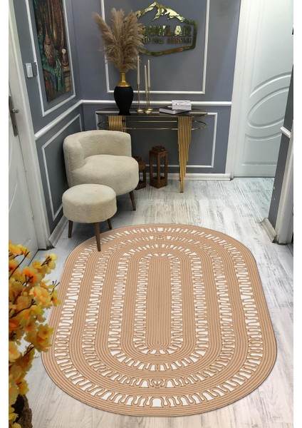 Kaymaz Taban Yıkanabilir Dijital Baskı Oval Kesim Dekoratif Modern Desenli Dot Taban Halı OVAL020