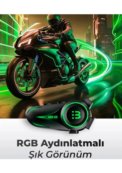 2 Intercom Bağlantılı Su Geçirmez Motosiklet Kask Bluetooth 5.3 300M Intercoom 1.000MAH A50