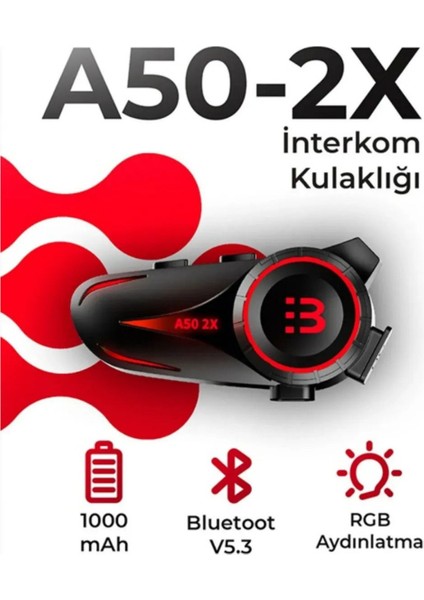 2 Intercom Bağlantılı Su Geçirmez Motosiklet Kask Bluetooth 5.3 300M Intercoom 1.000MAH A50