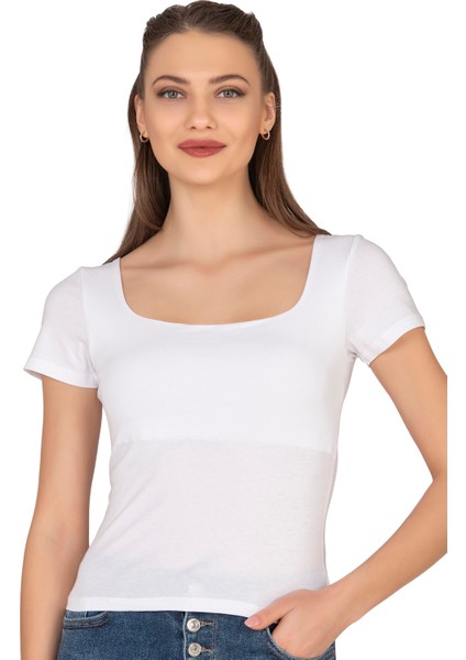 Özkan 27419 Kadın Pamuklu Rahat Kısa Kollu Süprem Kumaş Kare Yaka Crop T-Shirt