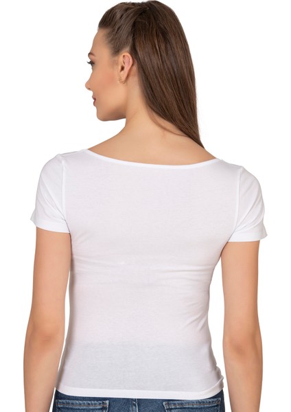 Özkan 27419 Kadın Pamuklu Rahat Kısa Kollu Süprem Kumaş Kare Yaka Crop T-Shirt