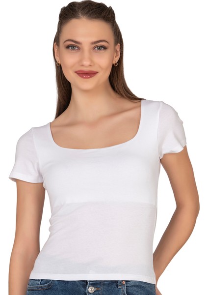 Özkan 27419 Kadın Pamuklu Rahat Kısa Kollu Süprem Kumaş Kare Yaka Crop T-Shirt