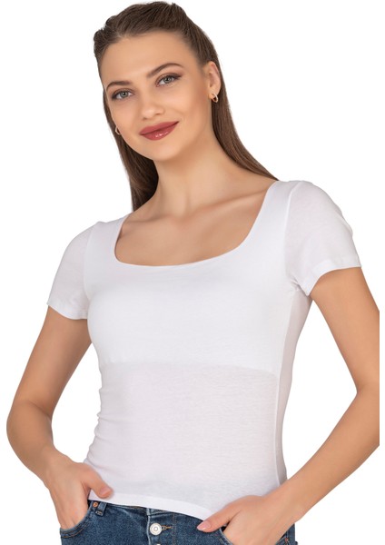 Özkan 27419 Kadın Pamuklu Rahat Kısa Kollu Süprem Kumaş Kare Yaka Crop T-Shirt