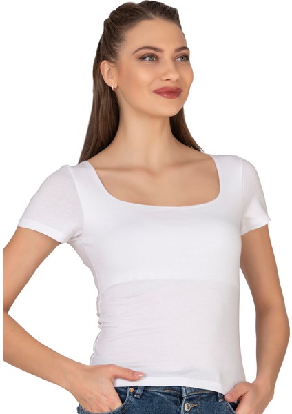 Özkan 27419 Kadın Pamuklu Rahat Kısa Kollu Süprem Kumaş Kare Yaka Crop T-Shirt