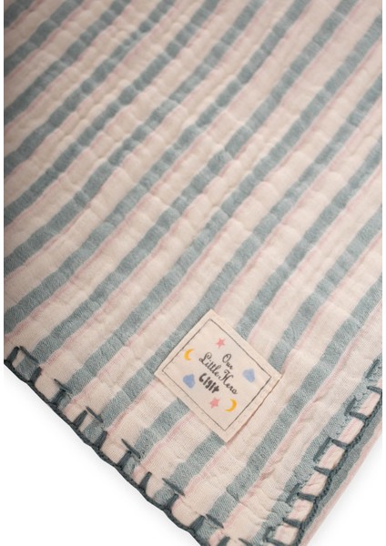 Müslin Çift Taraflı El Işili Bebek Battaniye (Yıkanmıştır) 100 x 100 cm Yeşil Pudra Çizgili