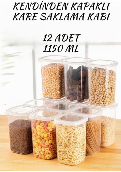 12'li Kendinden Kapaklı Kare Saklama Kabı Erzak, Baharat 1,15 Litre