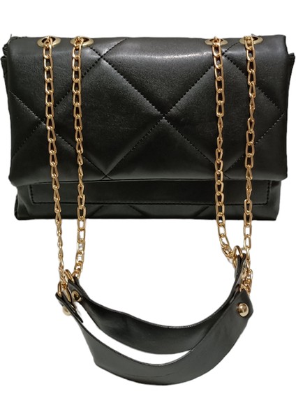 Elnes Kadın Siyah Baklava Desenli Üç Bölmeli Astarlı El ve Omuz Çanta