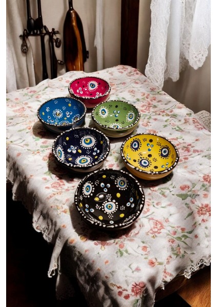 Kütahya Seramik Kase Nazar Boncuklu Rengarenk Çerezlik Kahvaltılık Sosluk Lokumluk 6 Lı Set 4x8 cm