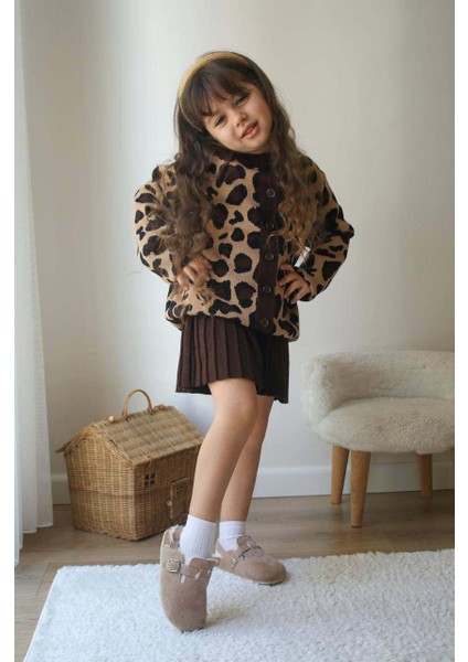 Kız Çocuk Leopar Hırkalı Etekli 2li Takım