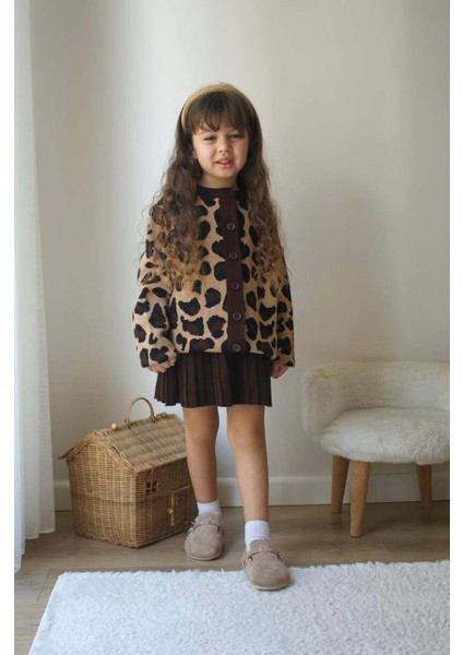 Kız Çocuk Leopar Hırkalı Etekli 2li Takım modelleri