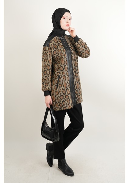 Bayan Deri Detaylı Takım Oysh Angora Leopar Takım Siyah