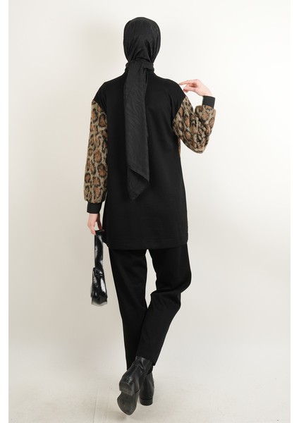 Bayan Deri Detaylı Takım Oysh Angora Leopar Takım Siyah modelleri