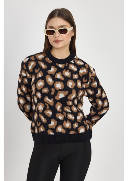 24342 Leopar Detay Triko Kazak Siyah modelleri