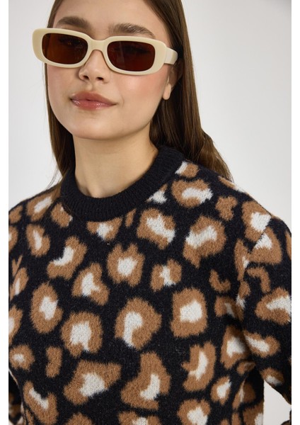 24342 Leopar Detay Triko Kazak Siyah fırsatları