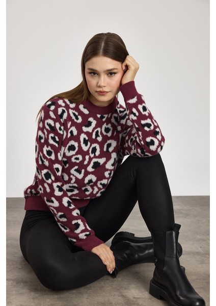 24342 Leopar Detay Triko Kazak Bordo