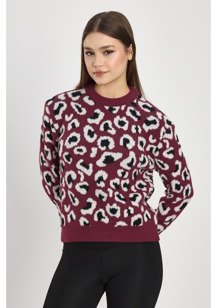 24342 Leopar Detay Triko Kazak Bordo