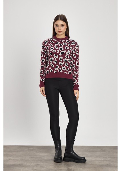 24342 Leopar Detay Triko Kazak Bordo