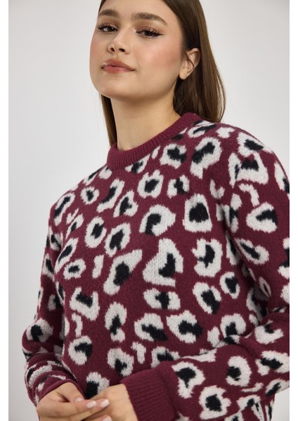 24342 Leopar Detay Triko Kazak Bordo
