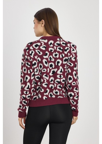 24342 Leopar Detay Triko Kazak Bordo