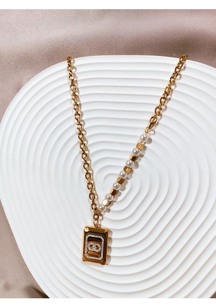 14K Altın Kaplama Çelik Kolye – Dikdörtgen ve Inci Detaylı Şık Tasarım fiyatları