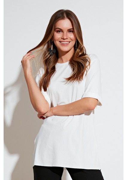 Oversize Bisiklet Yaka Yırtmaç Detaylı Bluz Bayan Bluz 5869000