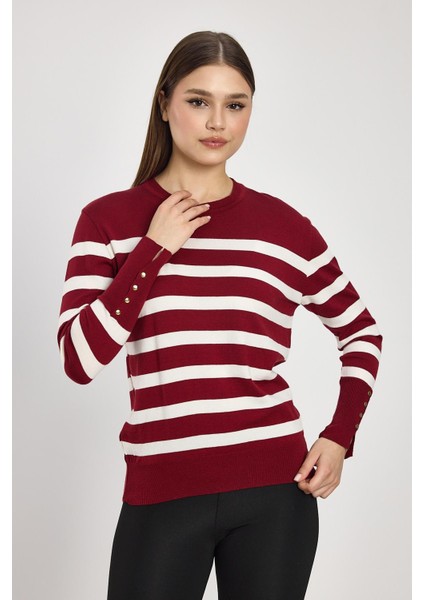 24346 Çizgili Kol Düğme Detay Kazak Bordo