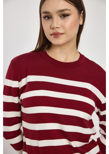 24346 Çizgili Kol Düğme Detay Kazak Bordo modelleri