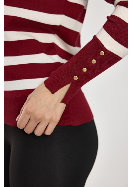 24346 Çizgili Kol Düğme Detay Kazak Bordo fırsatları