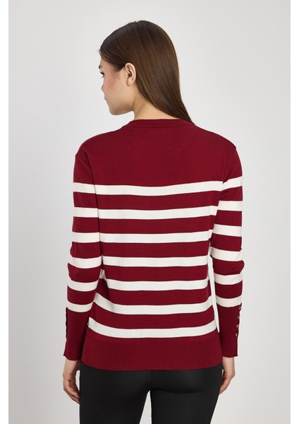 24346 Çizgili Kol Düğme Detay Kazak Bordo indirimleri