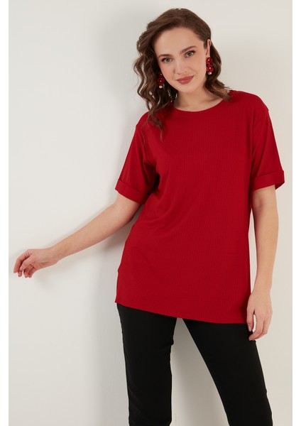 Oversize Bisiklet Yaka Yırtmaç Detaylı Bluz Bayan Bluz 5869000
