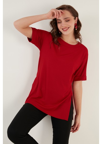 Oversize Bisiklet Yaka Yırtmaç Detaylı Bluz Bayan Bluz 5869000