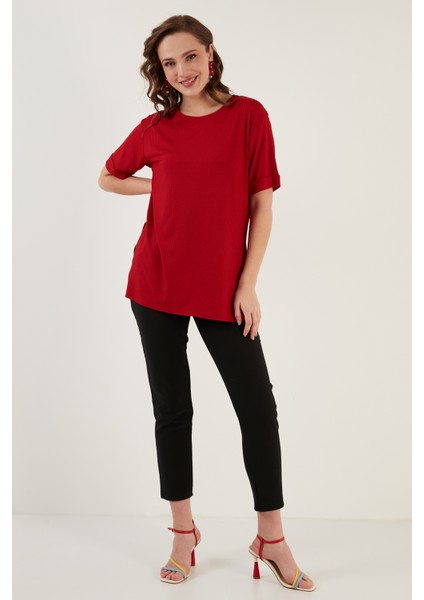 Oversize Bisiklet Yaka Yırtmaç Detaylı Bluz Bayan Bluz 5869000