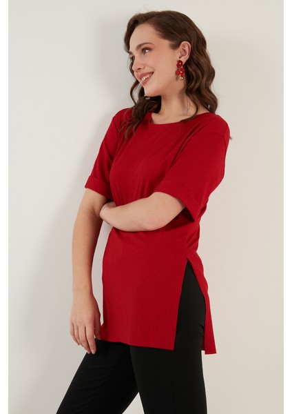 Oversize Bisiklet Yaka Yırtmaç Detaylı Bluz Bayan Bluz 5869000