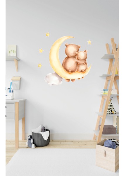 Bizerk Görsel Karikatür Ayda Oturan Ayı ve Yavrusu Çocuk/ Bebek Odası Kreş Duvar Sticker