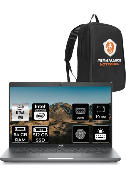 Latitude 5450 Intel Core Ultra 5 135U 64GB 512GB SSD Free Dos 14" FHD Taşınabilir Bilgisayar & Per4 Çanta N009L545014UP332