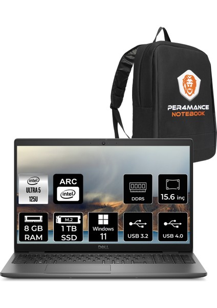 Latitude 3550 Intel Core Ultra 5 125U 8gb 1tb SSD Windows 11 Home 15,6" FHD Taşınabilir Bilgisayar & Per4 Çanta XCTO355015UP343