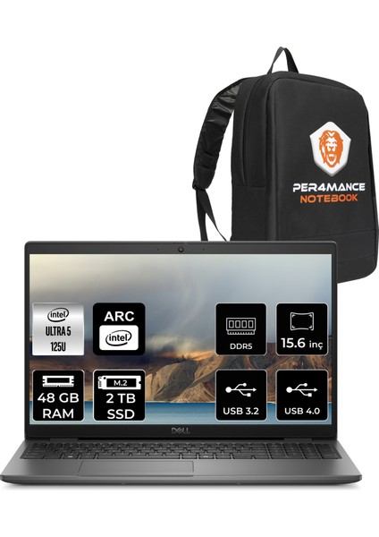 Latitude 3550 Intel Core Ultra 5 125U 48GB 2tb SSD Free Dos 15,6" FHD Taşınabilir Bilgisayar & Per4 Çanta XCTO355015UP329