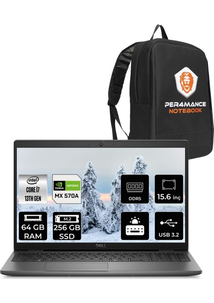 Latitude 3550 Intel Core I7 1355U 64GB 256GB SSD MX570A/2GB Free Dos 15,6" FHD Taşınabilir Bilgisayar & Per4 Çanta XCTOL355015UP331