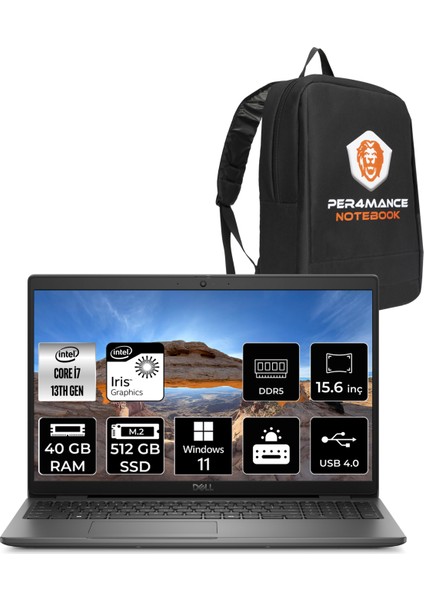 Latitude 3550 Intel Core I7 1355U 40GB 512GB SSD Windows 11 Home 15,6" FHD Taşınabilir Bilgisayar & Per4 Çanta N010L355015UP362