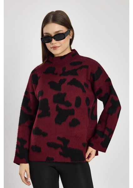 24371 Şardonlu Dik Yaka Leopar Kazak Bordo-Siyah fiyatları
