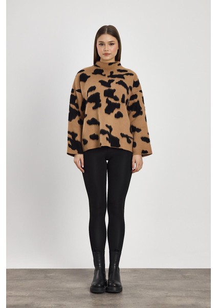 24371 Şardonlu Dik Yaka Leopar Kazak Bisküvi-Siyah fiyatları